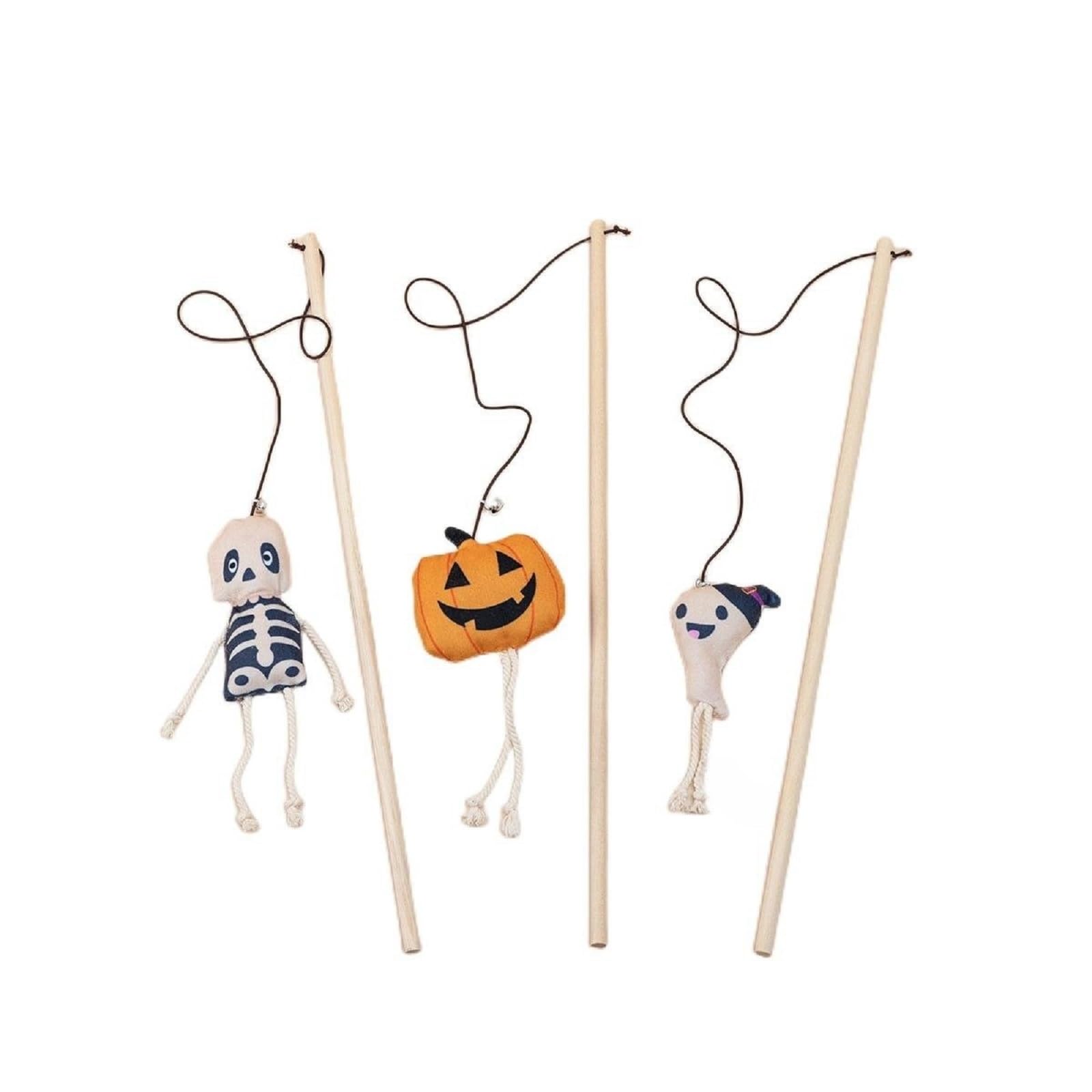 Photo 1 of Halloween Cat Wand Teaser Toys with Bell, Kitten Interactive Plush Kitty Plaything Gift Set of 3