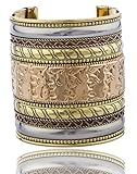 Goldtone with Bronze and Silvertone Elephant Design 3 Inch Adjustable Antique Cuff Bangle (F-1078)