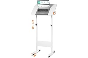 Joyoolife Mobile Podium, Adjustable Standing Desk with Caster Wheels, Adjustable Height 360° Swivel Desktop, Versatile Podium Laptop Desk Stand Up Desk Easel Presentation Lectern (White)