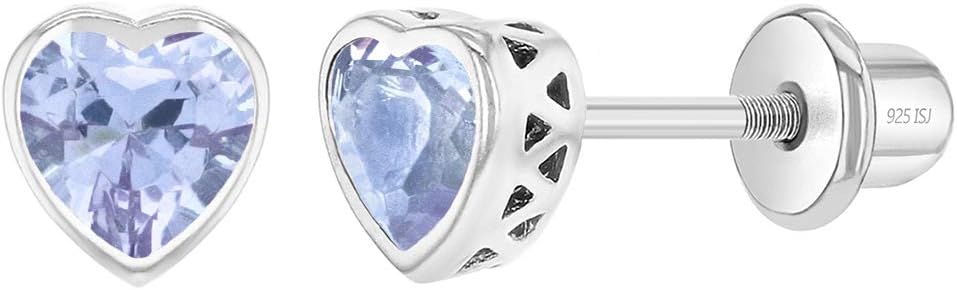 In Season Jewelry925 Sterling Silver 5mm Girls CZ Heart Earrings Simulated Birthstone Bezel with Screw Back Stud Baby Earrings - Safety Screw Back for Toddlers - Quality Heart Cubic Zirconia Earrings for Kids
