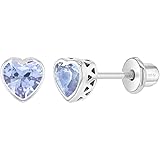 In Season Jewelry925 Sterling Silver 5mm Girls CZ Heart Earrings Simulated Birthstone Bezel with Screw Back Stud Baby Earrings - Safety Screw Back for Toddlers - Quality Heart Cubic Zirconia Earrings for Kids