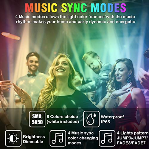 AveyLum Music LED Strip Light 10M DearmColor Flexible Tape Lights 5050 SMD RGB 300 LEDs Waterproof IP65 Rope Light with 20 Keys Musical Wireless Controller and 12V Power Adapter for Home Kitchen Party