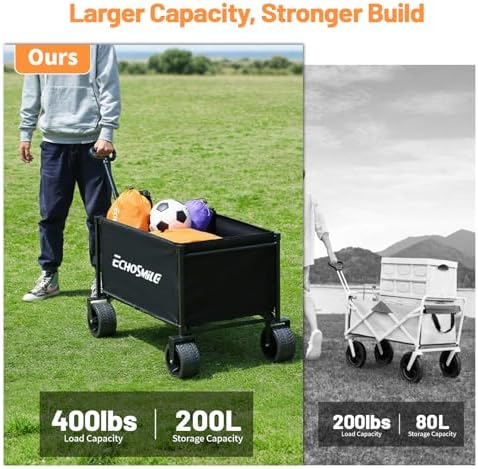 Carrello Pieghevole da Giardino 200L 180KG, Carretto da Spiaggia con Grandi Ruote, Carrelli da Trasporto con Maniglia Regolabile per Campeggio, Shopping e Attività All'aperto (Nero)