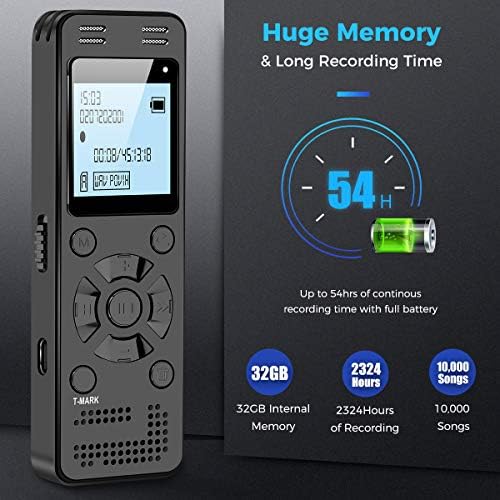 Portable voice recorder with 32GB storage capacity, capable of recording up to 1536kbps quality for hours.