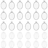 UNICRAFTALE 20Sets Oval Pendant Cabochon Stainless Steel Pendant Cabochons Oval Blank Bezel Pendants with Glass Cabochons Base Pendants Cabochon Sets for DIY Necklace Jewelry Making