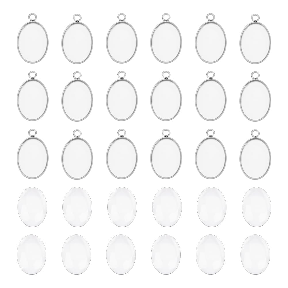 UNICRAFTALE 20 Sets Oval Cabochon Pendant 304 Stainless Steel Blank Dome Bezel Charms Trays Settings with Oval Glass Cabochons Bezel Blanks Tray ​for Photo Pendant Craft Jewelry Making