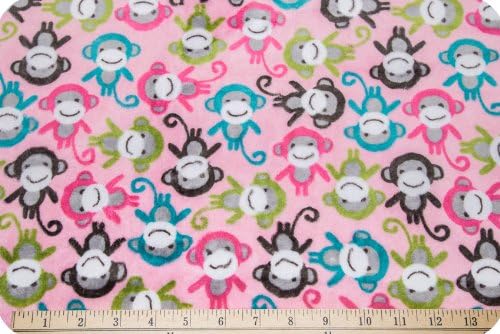 PLUSH FABRIC CUDDLE FABRIC MONKEYS BY HALF METRE Blue Green Pink Brown Monkeys on Pink Fabric - by Shannon Fabrics