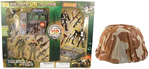 Army Toy Soldier Bundle of 2 Items: Soldiers Vs. Villans Playset and Brown Camo Combat Helmet