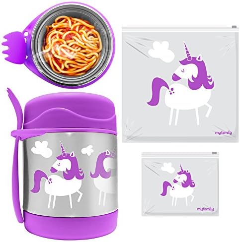 My Family 10 Hours Hot Vacuum Insulated Food Jar + Reusable Slidelock Bag Combo (Purple)