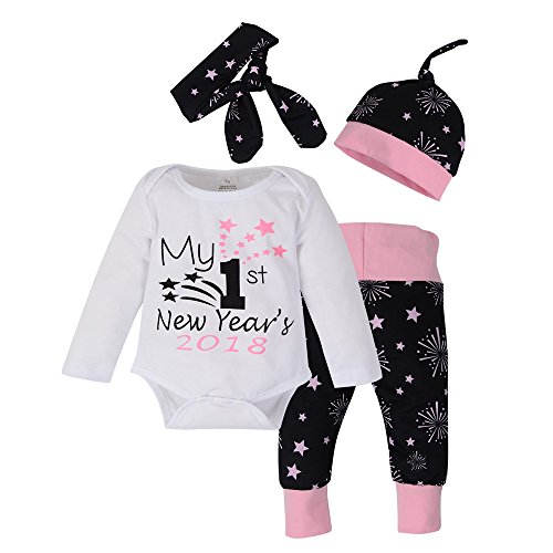 Buedvo Newborn Baby Girls Boys "my first new yearâ€˜s" Letter Print Christmas Outfits Clothes Romper+Pants+Hat Headband Set (0~3 Months)