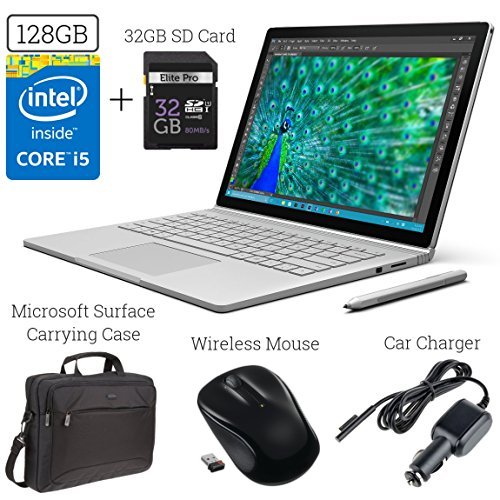 Microsoft Surface Book 128GB Intel i5 Bundle (Surface Carrying Case + 2.4G Wireless Optical Mouse + 32GB SD Memory Card + Car Charger Adapter + DigitalAndMore Microfiber Display Cleaning Cloth)