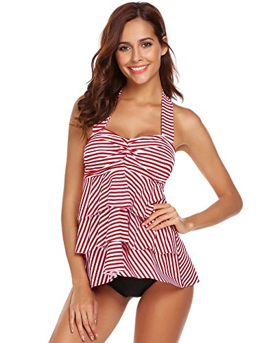 Fanala Womens Retro Striped Padded Tankini Set Halter Push up Two Piece Swimsuit