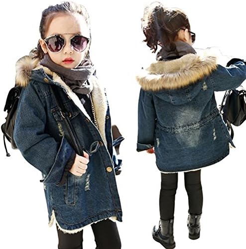 Kids Girls Fur Collar Hooded Denim Coat Fleece Jacket Outerwear (6-7Years, Denim)