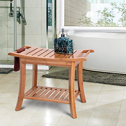 Giantex 24" Bamboo Bathroom Shower Bench with Storage Shelf Wood Indoor Bathing Bench Spa Bath Seat Bench Stool Modern Outdoor Waterproof Shower Bench