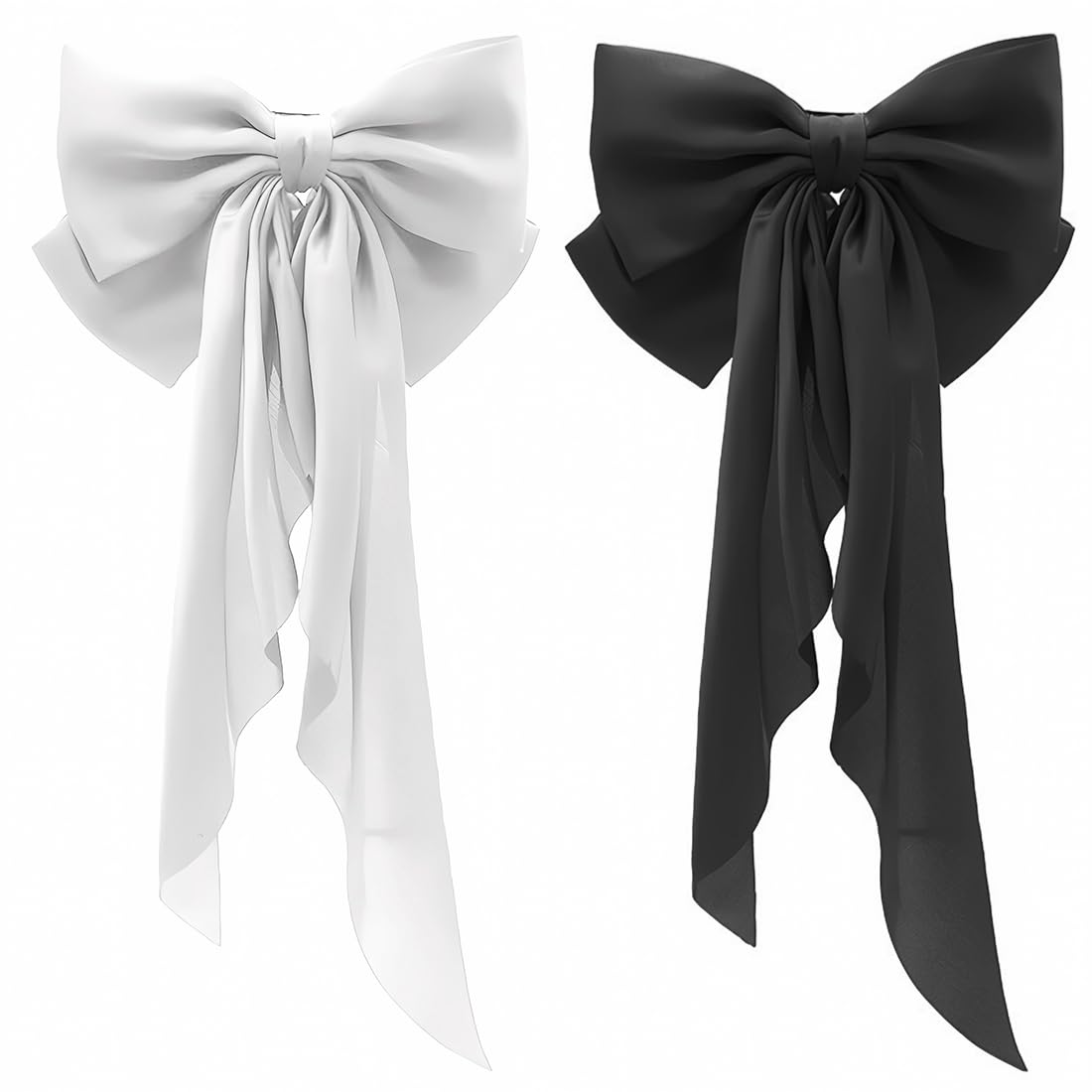 ZYBHMJE 2 Pcs Big Bow Hair Clips Solid Color Large Bowknot Hairpin Hair Clip with Long Silky Satin Tail Hair Barrettes Accessories for Girls Women Black+White