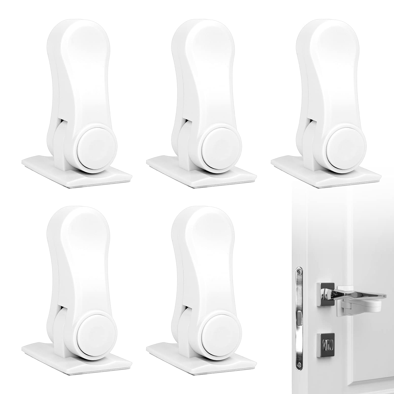 5 Pcs Baby Safety Handle Lock Door Lock Without Drilling Baby Door Safety Locks 3 M Adhesive Child Locks Security Door Locks 180 Degree Revolving Door Locks for Children Pet（White）