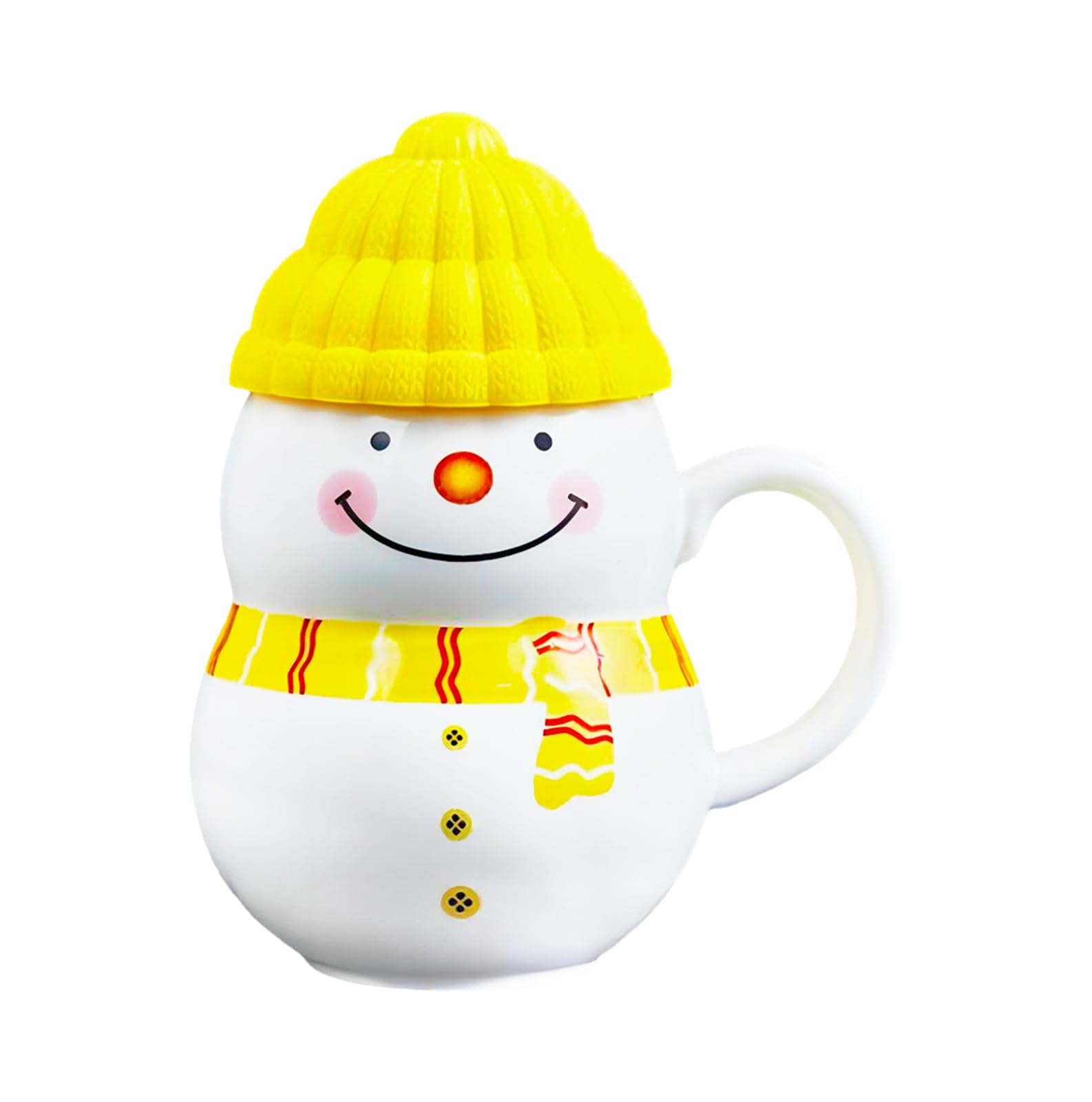 PLUSHCEWT Christmas Coffee Mug, Snowman-Shaped Ceramic Teacup with Soft Plastic Lid Made of C Material in The Same Colour, 400ml (Yellow)