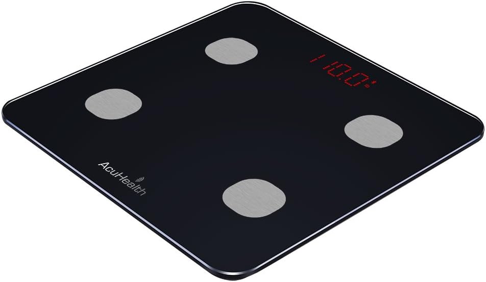 AcuHealth Body Fat Scale and Fitness Analyzer - Your Personal Health Monitor with Bluetooth Connectivity with iOS & Android Smartphone and Tablet Devices Analyzes 10 Heath Parameters (Black): Health & Personal Care