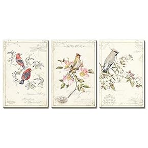 3 Panel Canvas Wall Art - Vintage Style Birds Flowers on Floral Background - Giclee Print Gallery Wrap Modern Home Art Ready to Hang - 16"x24" x 3 Panels