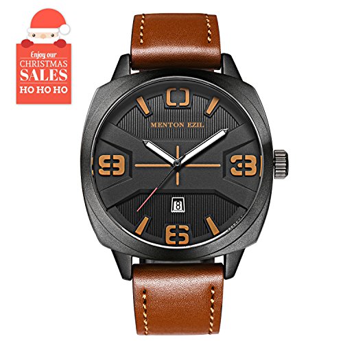 Menton Ezil Fashion Business Mens Movement Watches Waterproof Casual Analog Date Quartz Dress Wrist Watch with Brown Leather Strap