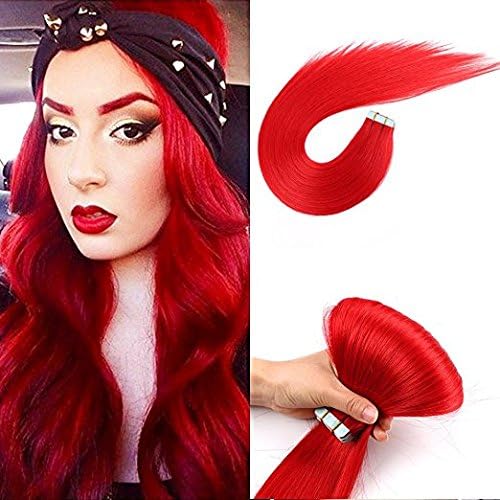 PoleStar Hair Tape In Human Hair Extensions 20pcs Seamless Silky Straight Weft Remy Virgin Hair(16inches, Red)