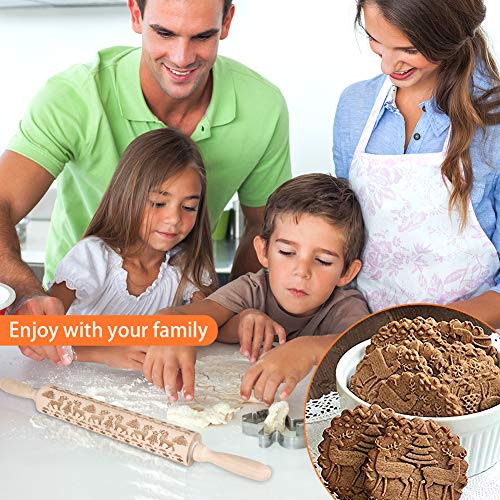 image for Aodis Christmas Wooden Rolling Pins, Engraved Embossing Rolling Pin wi
