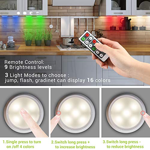 Wireless LED Puck Light, OxyLED RGB Color Changing LED Under Cabinet Lighting Closet Light Battery Powered Night Lights Under Counter Lighting with Remote Control Dimmer & Timing Function (6 Pack) - Thumbnail 3