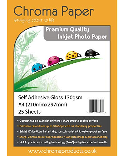 Chroma A4 Self Adhesive Sticky Sticker Gloss Inkjet Photo Paper 130gsm 25 Pack