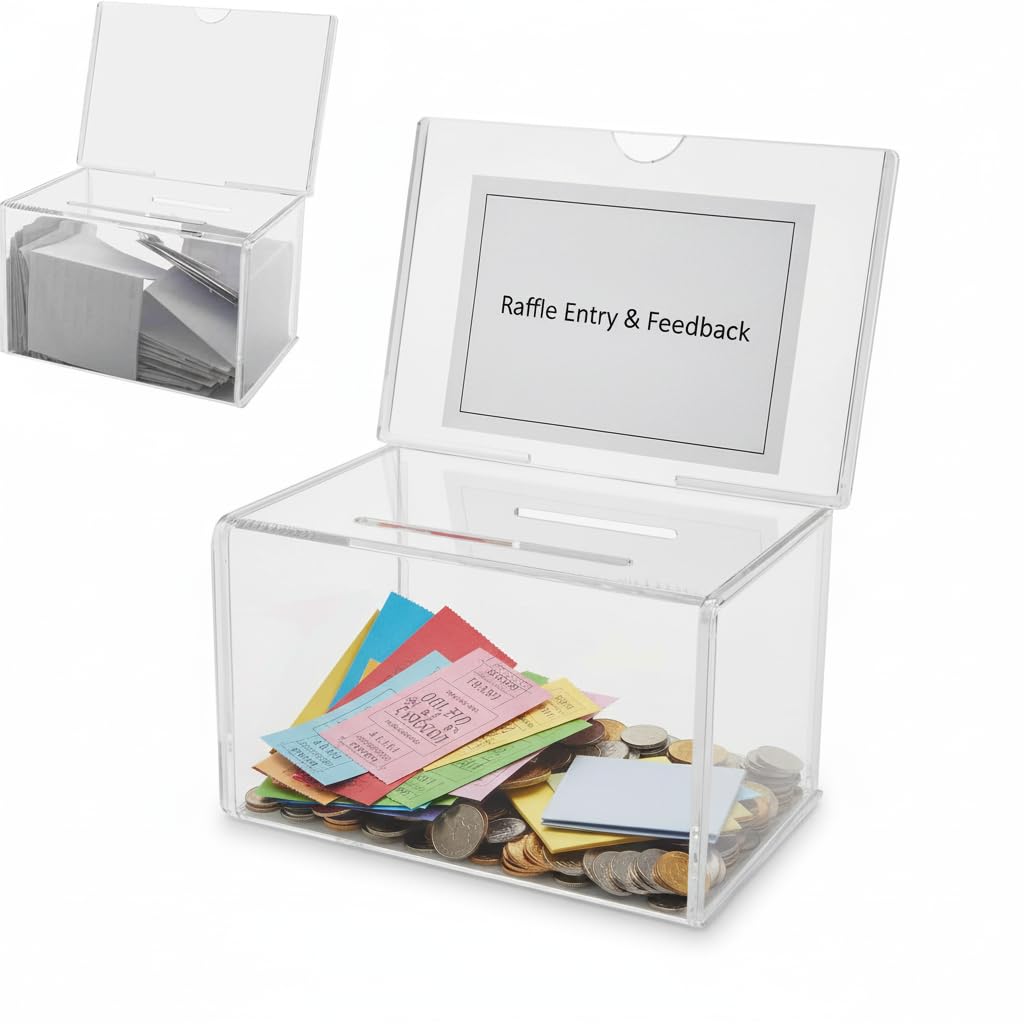 Deflecto Classicimage Suggestion Box Clear - Ideal for Business Cards, Raffle, Coins, Tips & Charity Donations Collection - With Stackable Sign Holder