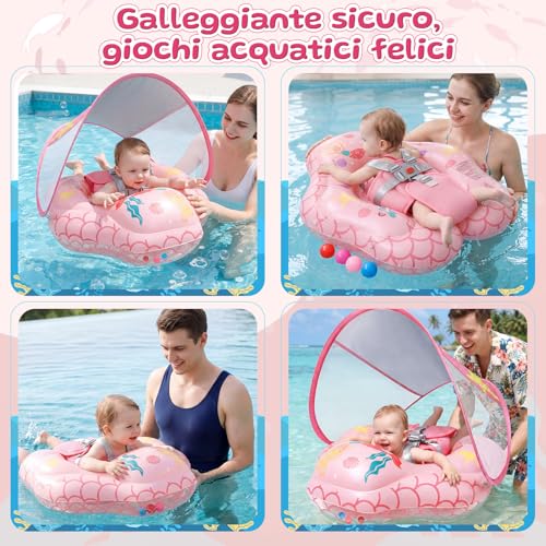 IEEILULU Salvagente Neonato, Ciambella Neonato Mare con Parasole Olare Rimovibile UPF50+, Salvagente Bambino con Adesivo di Riparazione per Piscina, Spiaggia, Vacanze da 6 a 36 Mesi