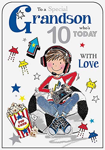 Jonny Javlein 10th Birthday Card for Grandson - Age 10 Gaming Design - Embossed Foil Details - Premium Birthday Greeting Card with Envelope for Boys