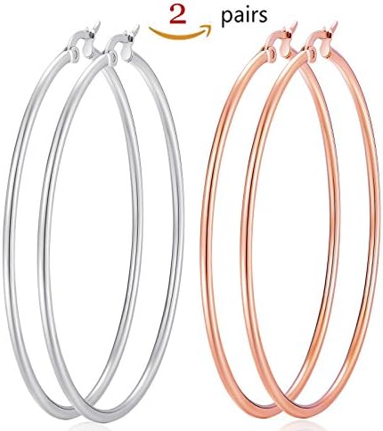 Big Hoop Earrings, 2 Pairs Stainless Steel Hoop Earrings,Polished Circle Endless Earringsfor Women Girls