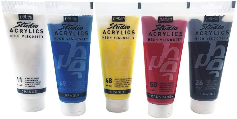 Pebeo high viscosity studio acrylics 5x 100 ml tubes ( Black, Red , Blue, Yellow , White ), Black , Red , Blue, Yellow - Image 3