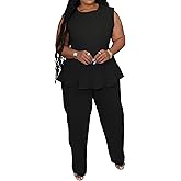Womens Plus Size 2 Piece Outfits Pants Sets Summer Sleeveless Peplum Tank Tops Wide Leg Pant Suits Matching Sets