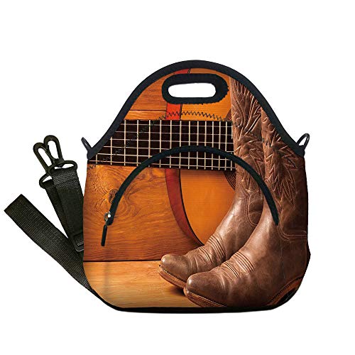 Insulated Lunch Bag,Neoprene Lunch Tote Bags,Western,American Country Music Theme Guitar Instrument and Cowboy Shoes on Wood Image Decorative,Brown Orange,for Adults and children