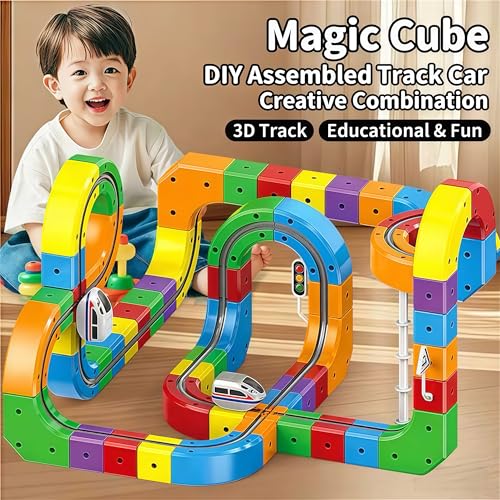 Gear Track Car, 123PCS Flexible Race Car Track Sets, for Toddlers with Electric Train, Traffic Signs, Cute Train Set Toys for 3 4 5 6 7 8 Year Old, Best Birthday Party Gift