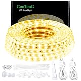 GuoTonG 50ft/15m LED Lights Strip kit,Waterproof, 3000K Warm White,110V 2 Wire, Flexible, 900 Units SMD 2835 LEDs,UL Listed Power Supply,Indoor/Outdoor Use, Ideal for Backyards, Decorative Lighting