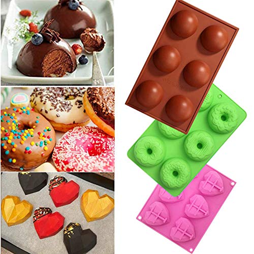 FADIKX Donuts Silicone Mold,Heart Cake Molds Round Shape Cake Molds Hot Chocolate Bomb Mold 3 Pcs Silicone Molds for DIY Cake Mousse Dessert Shaped Mould Candy Fondant Cupcake Cheesecake