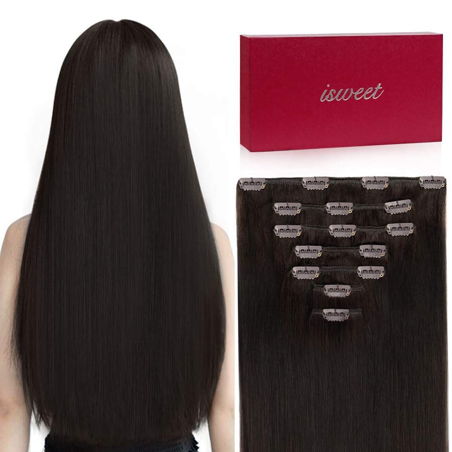Photo 1 of Straight Clip in Hair Extensions Real Human Hair, 7Pcs 20 Inch 110g #2 Dark Brown Invisible Natural Soft Remy Human Hair Extension Clip ins, Double Weft Hair Extensions Real Human Hair for Women