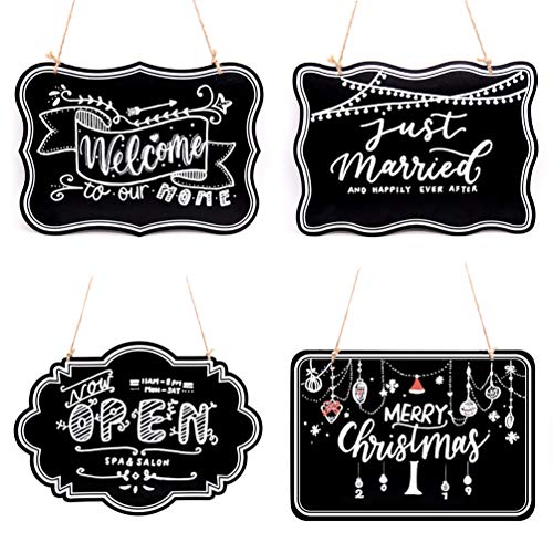 UNIQOOO 10x14 inch Hanging Decorative Chalkboard Sign, Double-Sided Non Porous Wooden Signage Message Board Home Welcome Signs, Perfect for Wedding Cafe Kids Doodling Back to School Decor, Set of 4