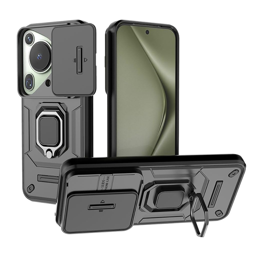 SEAHAI Case for HUAWEI Pura 70 Ultra, Ultra-thin Protective Silicone TPU Shockproof Hybrid Hard PC Back Phone Cover, with Slide Camera Cover and Ring Kickstand - Black