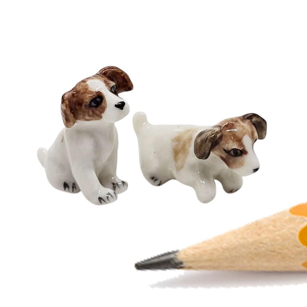 WitnyStore ¾ Couple Sitting and Standing Jack Russell Terrier Ceramic Figurine - Tiny Miniature Dog Puppy Figurine Hand Made Painted Porcelain Clay Pottery Collectible Decor Gift