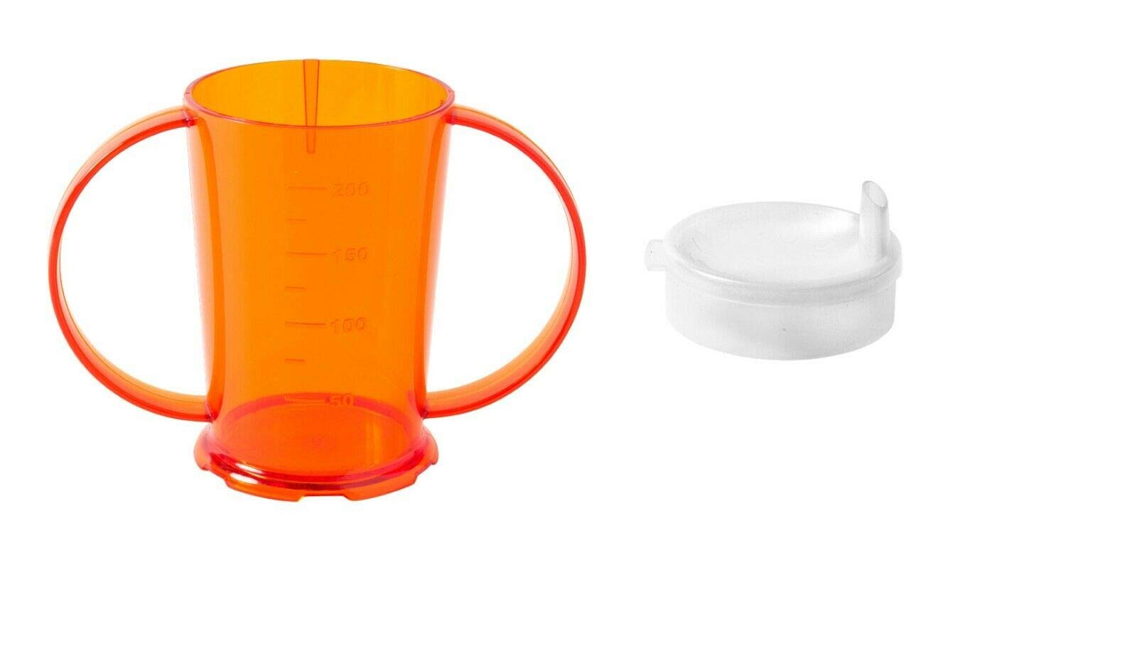 NuHorizons Healthcare Products Two Handled Graduated Beaker with Lid - Pack of 1-200ml Adult Feeder Cup - Drinking Aid (Colour Orange, Narrow Spouted Lid)