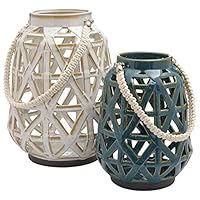 Stone & Beam Modern Farmhouse Decorative Candle Holder Lantern with Cutouts - Set of 2, Cream and Blue