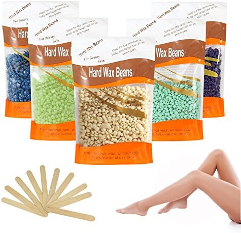 Hard Body Hair Removal Wax Beans - Crazysound Depilatory Wax for Men and Women Include 10 Waxing Spatulas. (100g x 5 Bags)