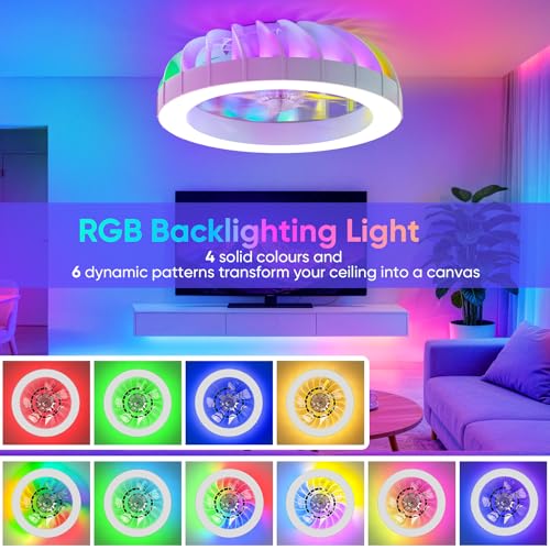 GLOFAN 46cm Ceiling Fan with Light and Remote Control, 6 Speed Silent Chandelier with Ceiling Fan, Timer, 3000k-6500k & RGB Ceiling Light Fan for Bedroom Living Room
