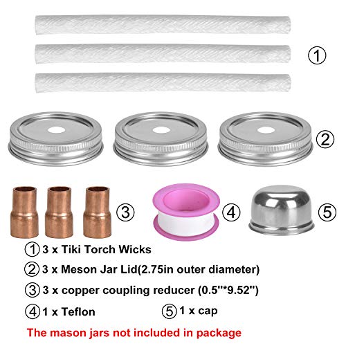 Browill [3 Pack] Mason Jar Table Top Torches Set, Oil Lamp with 3 Fiberglass Wicks, 3 Mason Jar Lids(2.75-inch), 3 Coupling Reducer, 1 Teflon Cap, for Tiki Torch Kits Outdoor Backyard Lighting Decor