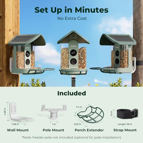 Kiwibit Solar Smart Bird Feeder with Camera, AI Bird Species Identification, 8MP Photos, 4K UHD Video Live Stream Wild Bird House Feeders for Outdoors, Birdwatching Gifts for Bird Lovers, Green