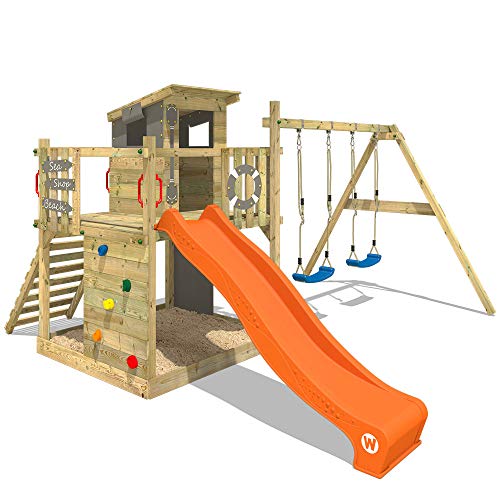 WICKEY Spielturm Klettergerüst Smart Camp mit Schaukel anthraziter Plane & oranger Rutsche, Outdoor Kinder Kletterturm…