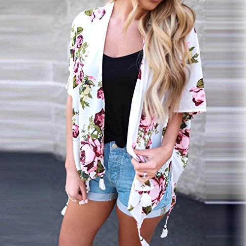 Tootu Women Chiffon Loose Shawl Print Kimono Cardigan Top Cover Up Blouse Beachwear (S, H)